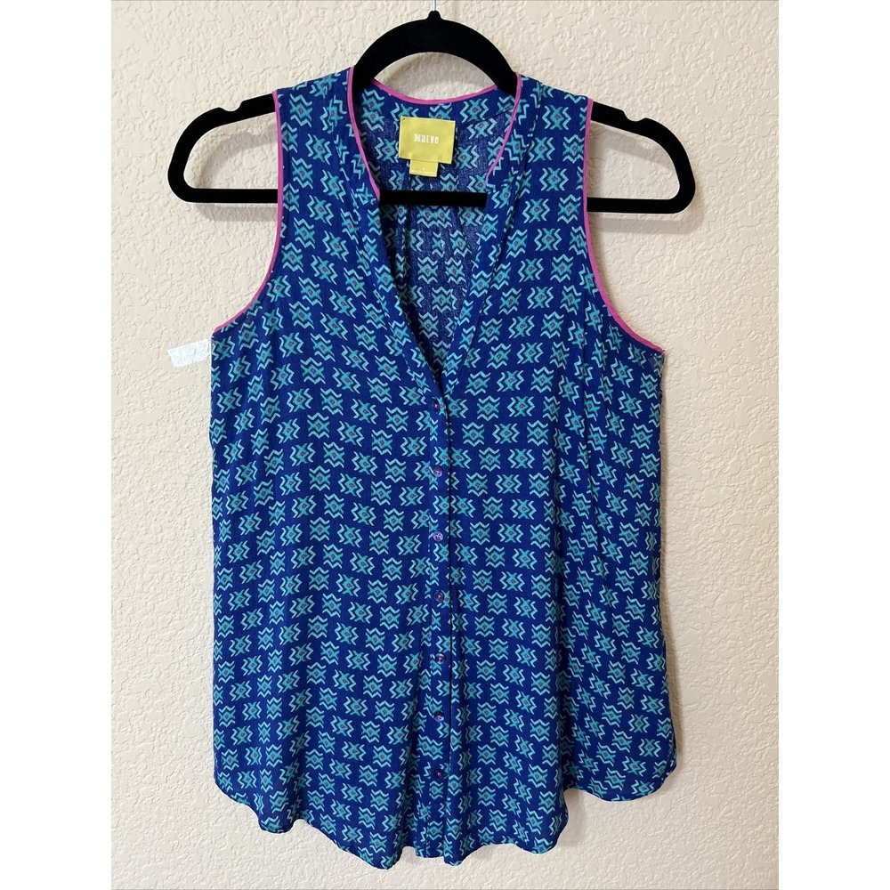 Maeve Anthropologie Ada‎ Tank Blouse Blue SZ 2 Pink Trim Button Front Babydoll